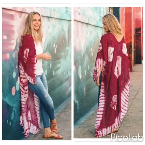 Tie-Dye Long Kimono Wrap in "Berry" - Picture 2 of 3
